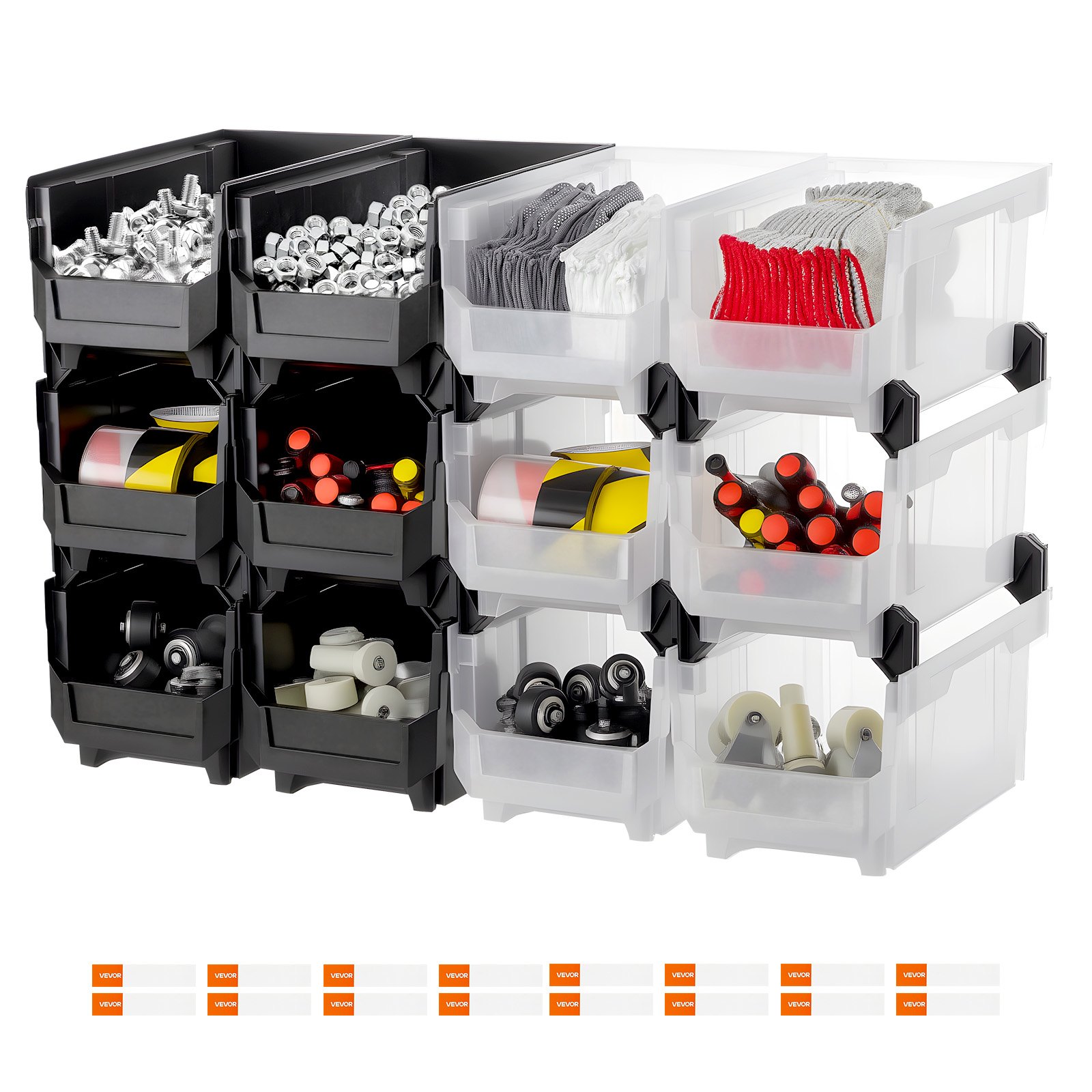 VEVOR Plastic Stackable Storage Bins, 37.7 x 21.5 x 18 cm (12 Pack), Plastic Containers for Organizing & Storage Bins for Garage, Small Parts, Office Supplies, Other Accessories, Black & Transparent