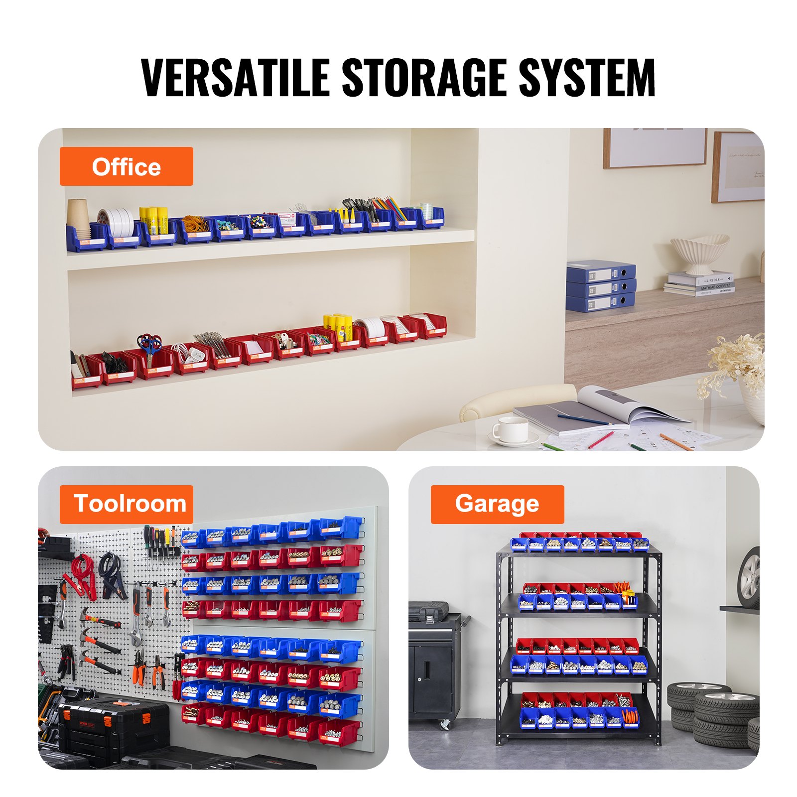 VEVOR Plastic Storage Bin, (137 mm x 105 mm x 78 mm), Hanging Stackable Storage Organizer Bin, Blue/Red, 24-Pack, Heavy Duty Stacking Containers for Closet, Kitchen, Office, or Pantry Organization