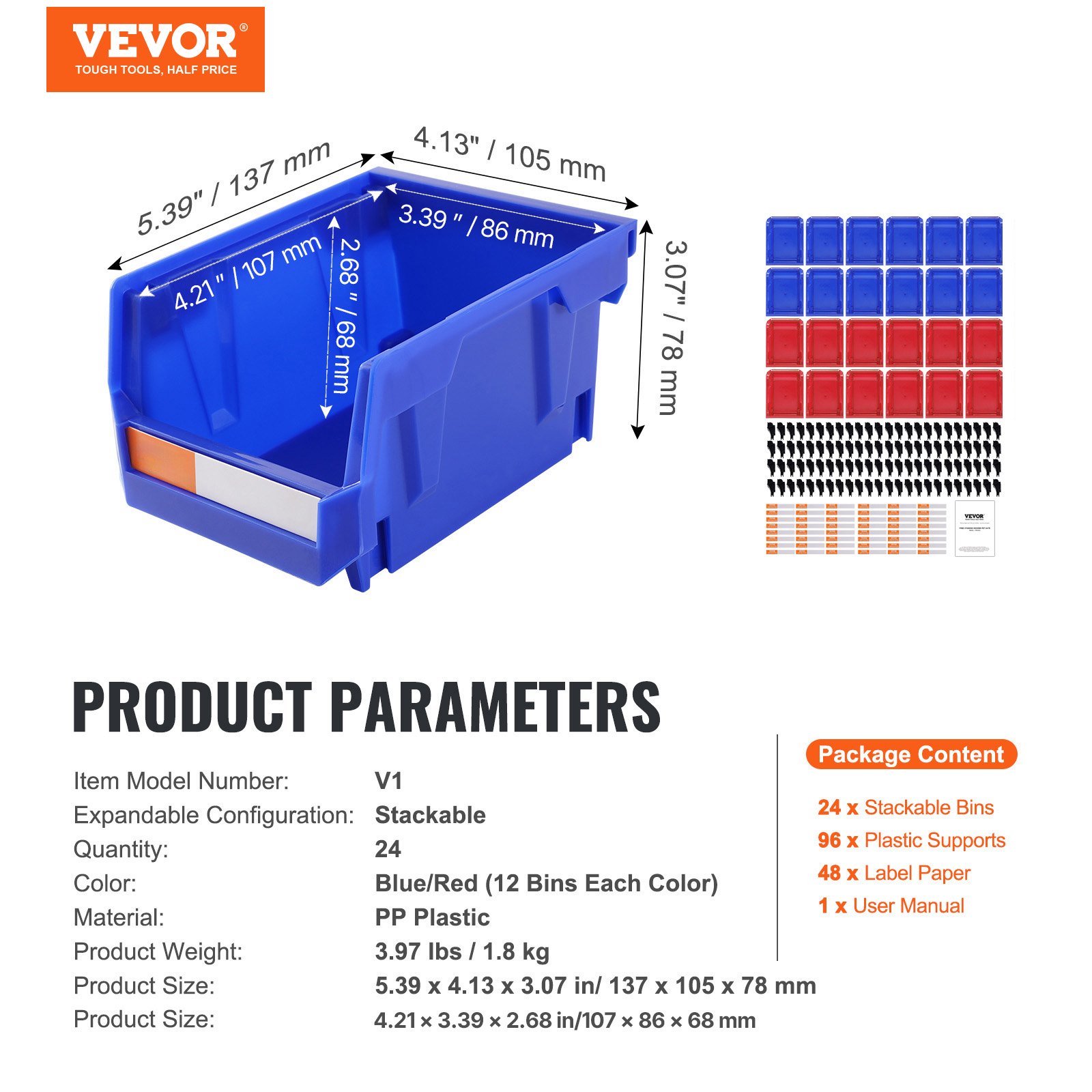 VEVOR Plastic Storage Bin, (137 mm x 105 mm x 78 mm), Hanging Stackable Storage Organizer Bin, Blue/Red, 24-Pack, Heavy Duty Stacking Containers for Closet, Kitchen, Office, or Pantry Organization