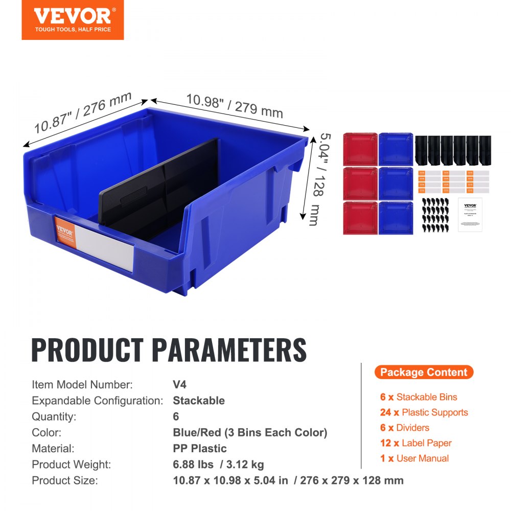 VEVOR Plastic Storage Bin, 276 mm x 279 mm x 128 mm, Hanging Stackable Storage Organizer Bin, Blue/Red, 6-Pack, Heavy Duty Stacking Containers for Closet, Kitchen, Office, or Pantry Organization