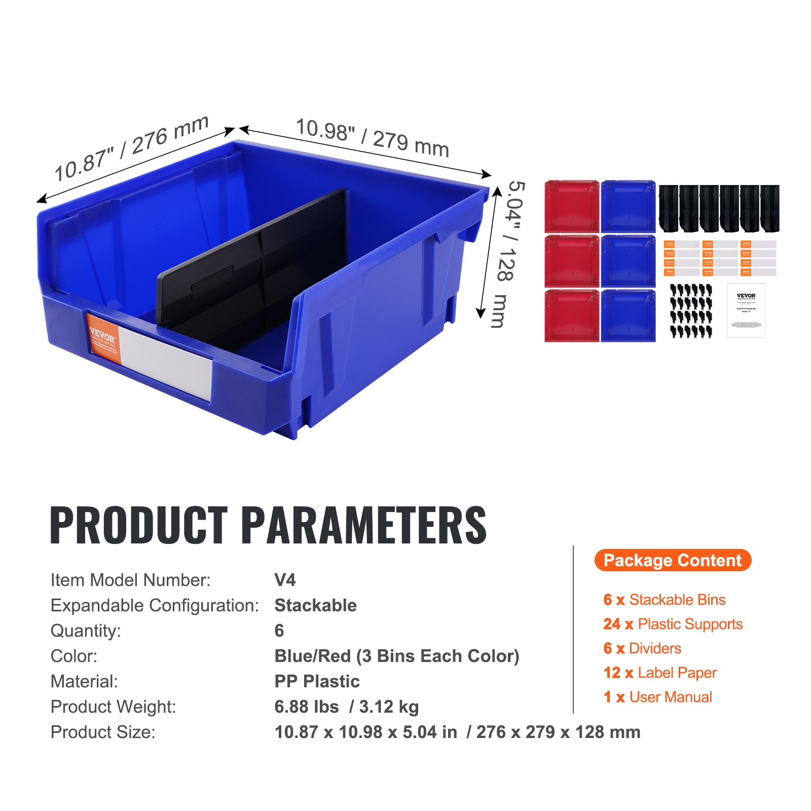 VEVOR Plastic Storage Bin, 276 mm x 279 mm x 128 mm, Hanging Stackable Storage Organizer Bin, Blue/Red, 6-Pack, Heavy Duty Stacking Containers for Closet, Kitchen, Office, or Pantry Organization