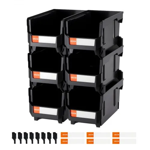 VEVOR Plastic Stackable Storage Bins, 14.8 x 8.5 x 7.1 inch (6 Pack), Plastic Containers for Organizing and Storage Bins for Closet, Garage, Small Parts, Office Supplies and Other Accessories, Black