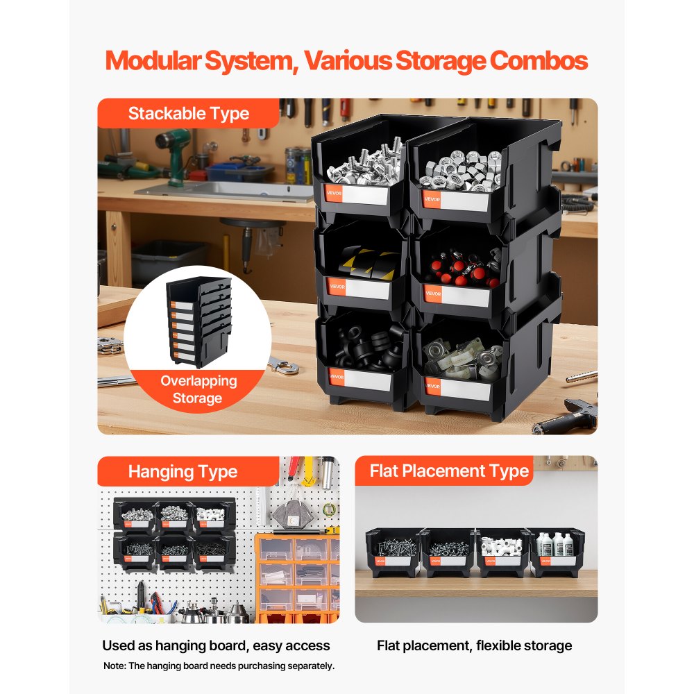 VEVOR Plastic Stackable Storage Bins, 37.7 x 21.5 x 18 cm (6 Pack), Plastic Containers for Organizing and Storage Bins for Closet, Garage, Small Parts, Office Supplies and Other Accessories, Black