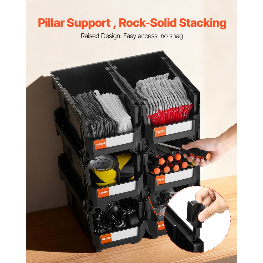 VEVOR Plastic Stackable Storage Bins, 37.7 x 21.5 x 18 cm (6 Pack), Plastic Containers for Organizing and Storage Bins for Closet, Garage, Small Parts, Office Supplies and Other Accessories, Black