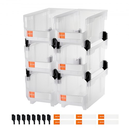 VEVOR Plastic Stackable Storage Bins, 14.8 x 8.5 x 7.1 inch (6 Pack), Plastic Containers for Organizing & Storage Bins for Closet, Garage, Small Parts, Office Supplies, Other Accessories, Transparent