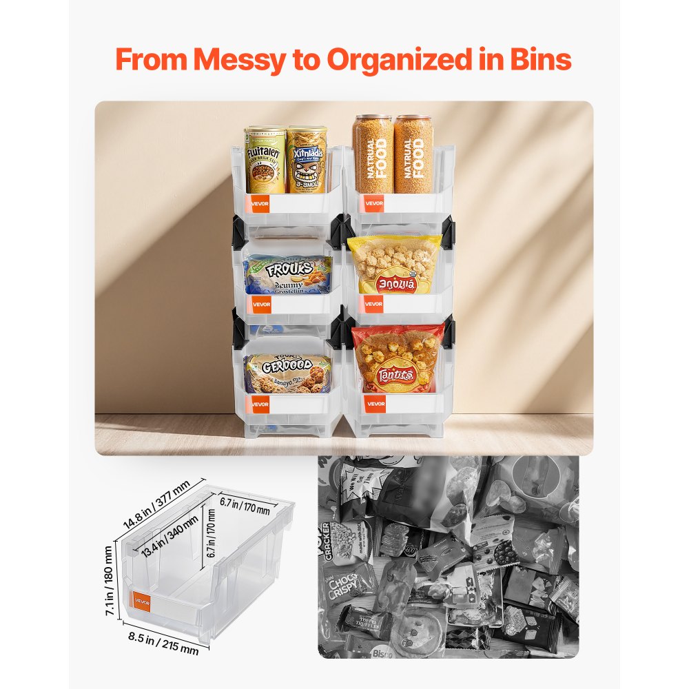 VEVOR Plastic Stackable Storage Bins, 37.7 x 21.5 x 18 cm (6 Pack), Plastic Containers for Organizing & Storage Bins for Closet, Garage, Small Parts, Office Supplies, Other Accessories, Transparent