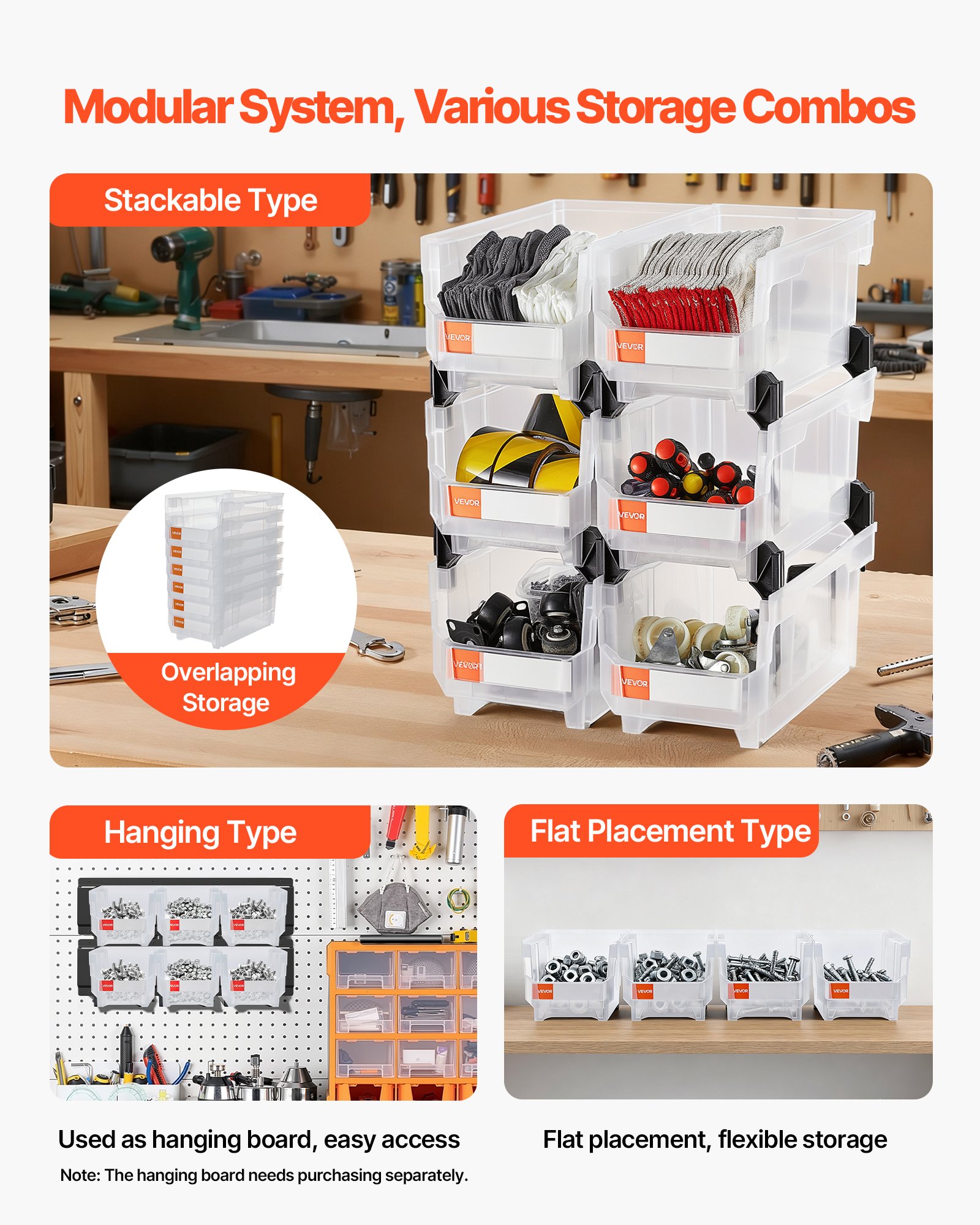 VEVOR Plastic Stackable Storage Bins, 37.7 x 21.5 x 18 cm (6 Pack), Plastic Containers for Organizing & Storage Bins for Closet, Garage, Small Parts, Office Supplies, Other Accessories, Transparent