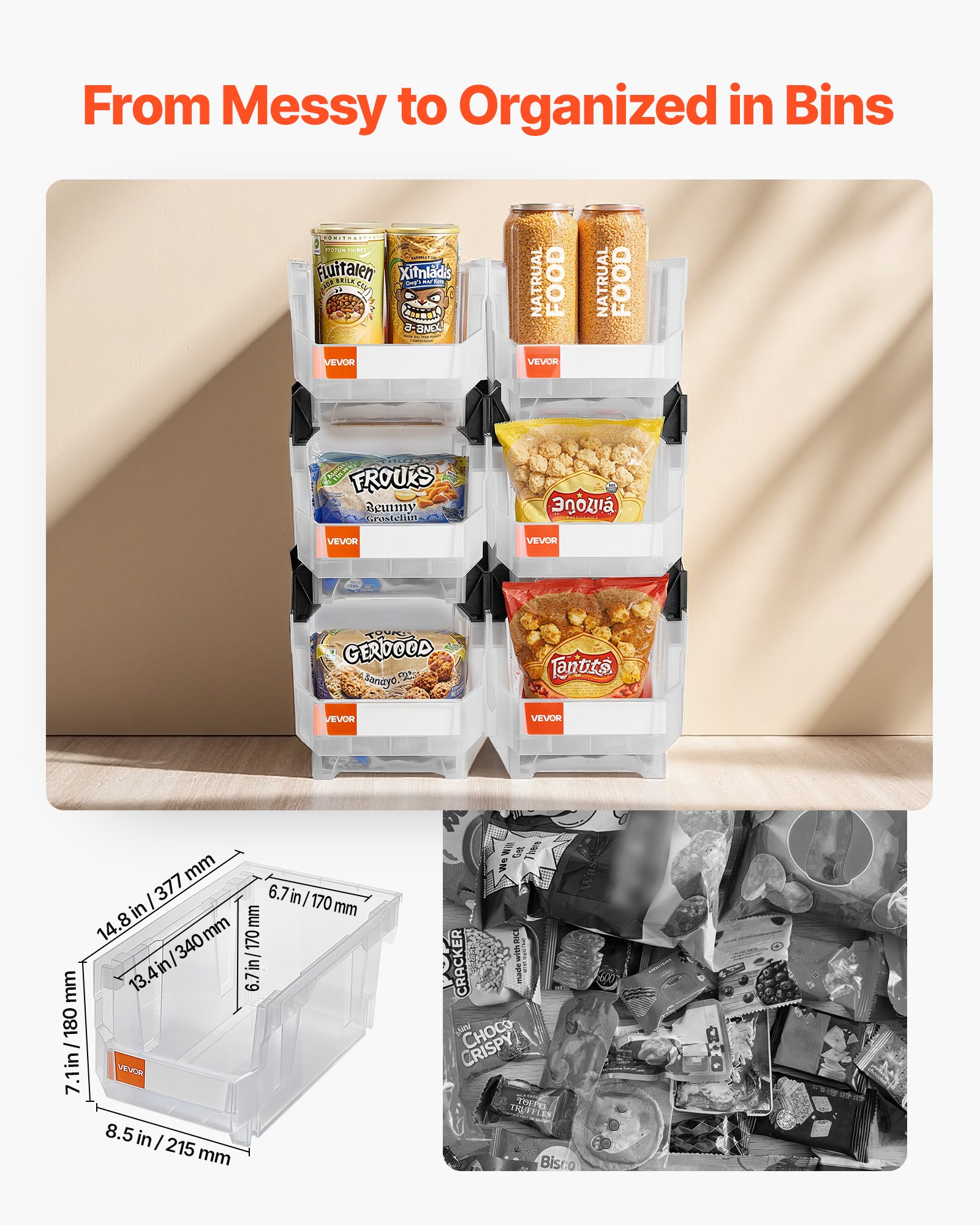 VEVOR Plastic Stackable Storage Bins, 14.8 x 8.5 x 7.1 inch (6 Pack), Plastic Containers for Organizing & Storage Bins for Closet, Garage, Small Parts, Office Supplies, Other Accessories, Transparent