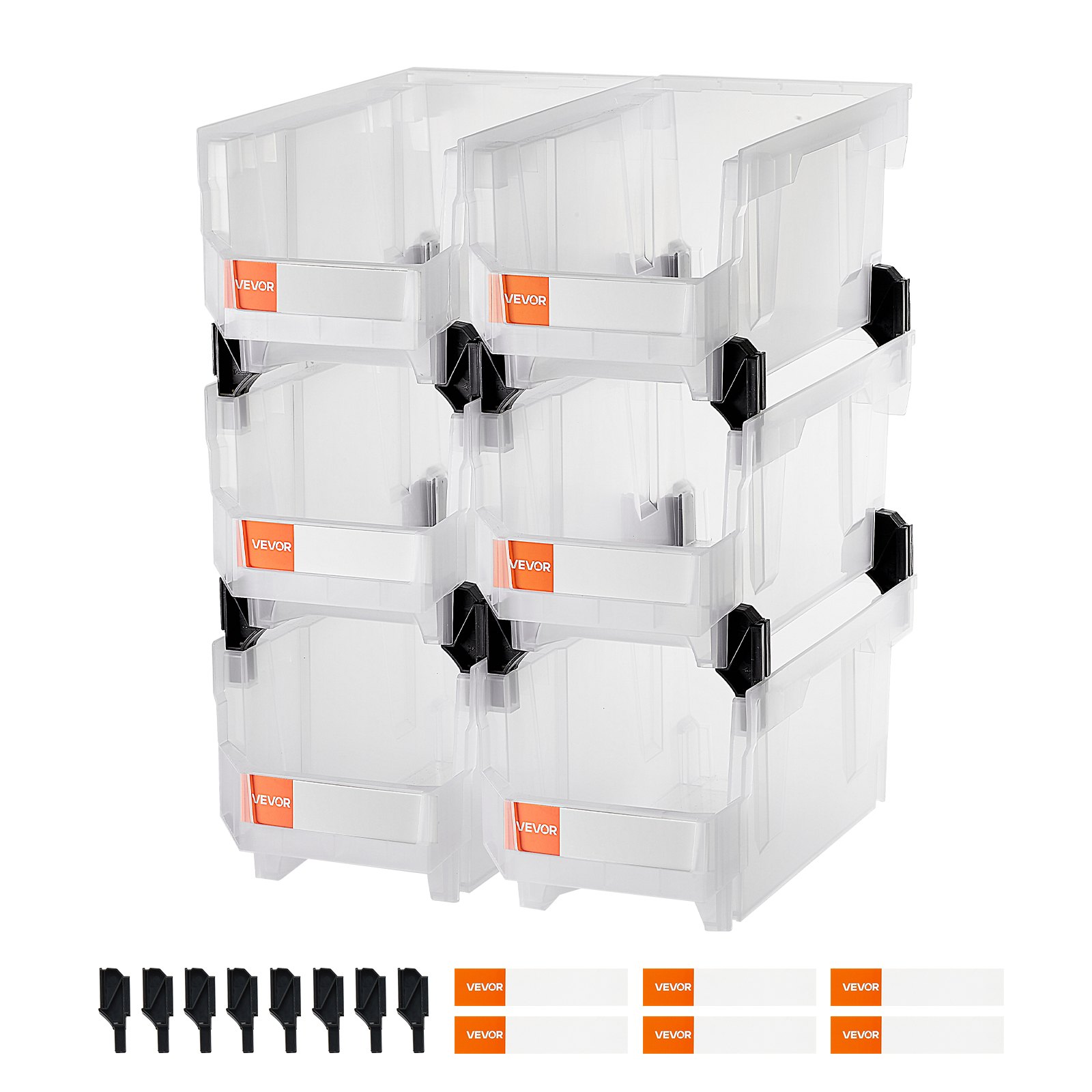 VEVOR Plastic Stackable Storage Bins, 14.8 x 8.5 x 7.1 inch (6 Pack), Plastic Containers for Organizing & Storage Bins for Closet, Garage, Small Parts, Office Supplies, Other Accessories, Transparent