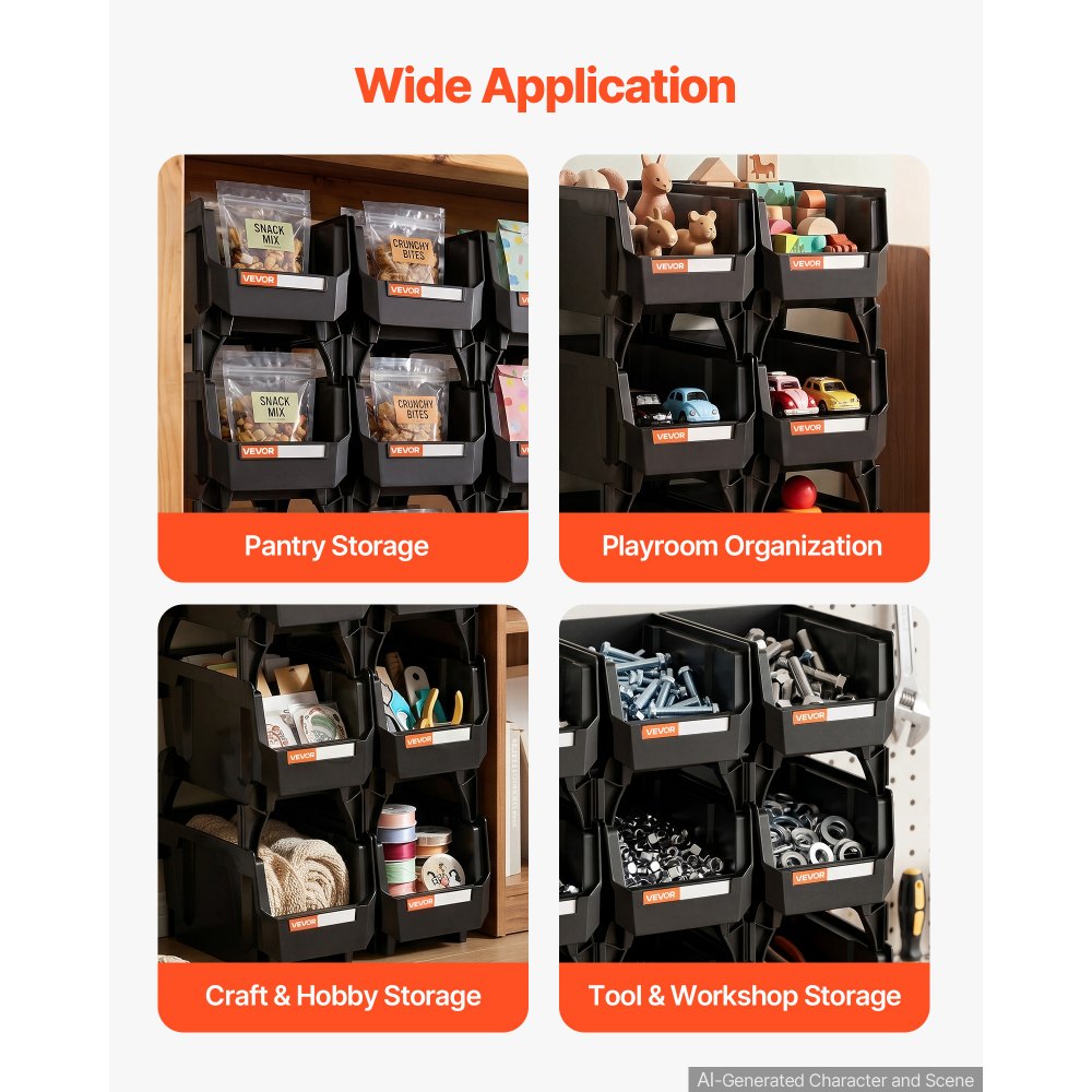 VEVOR Plastic Stackable Storage Bins, 27.6 x 14 x 13 cm (8 Pack), Plastic Containers for Organizing and Storage Bins for Closet, Garage, Small Parts, Office Supplies and Other Accessories, Black