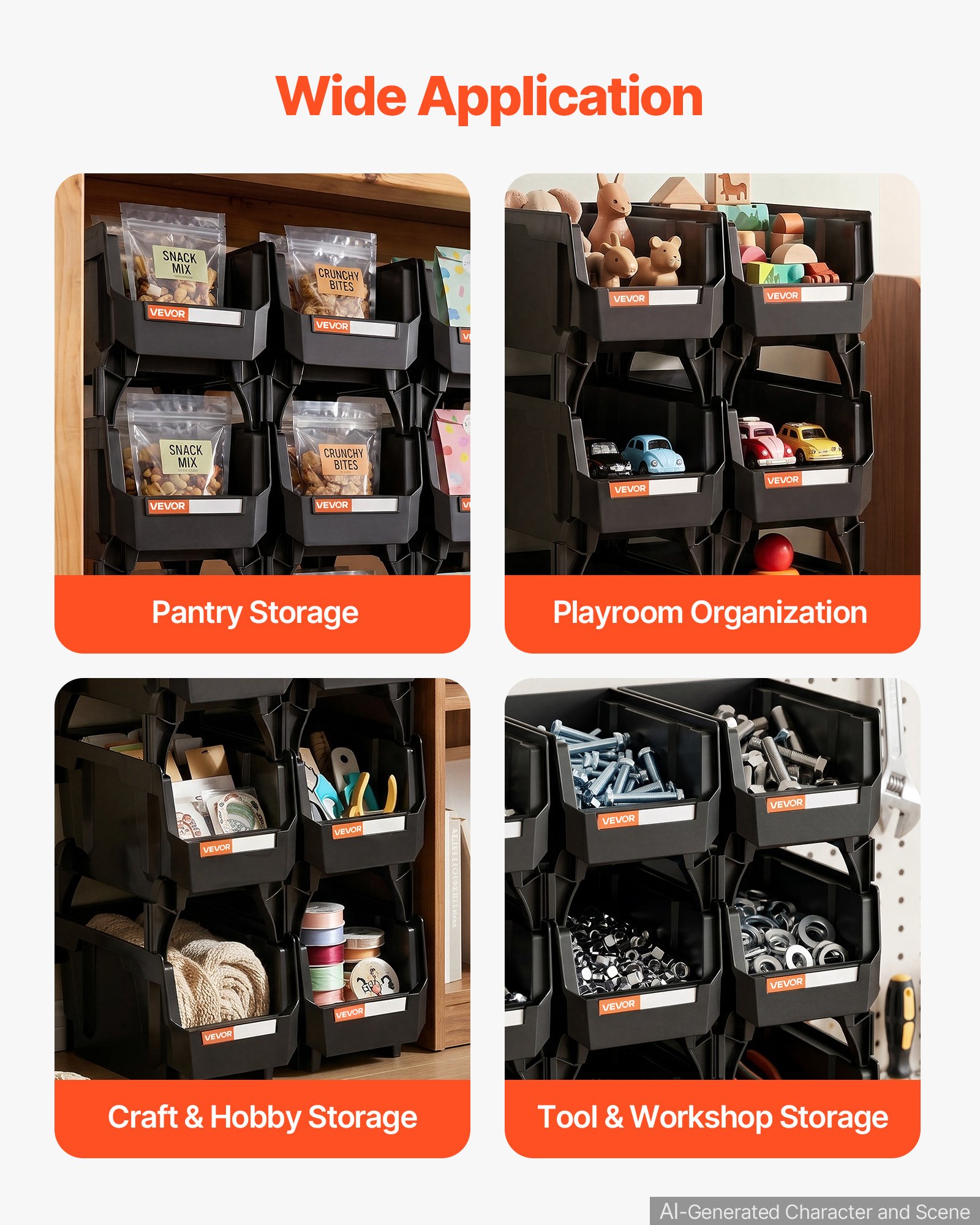 VEVOR Plastic Stackable Storage Bins, 27.6 x 14 x 13 cm (8 Pack), Plastic Containers for Organizing and Storage Bins for Closet, Garage, Small Parts, Office Supplies and Other Accessories, Black