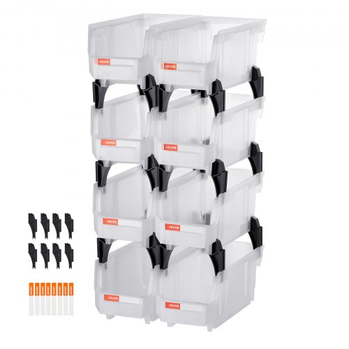 VEVOR Plastic Stackable Storage Bins, 10.9 x 5.5 x 5.1 inch (8 Pack), Plastic Containers for Organizing & Storage Bins for Closet, Garage, Small Parts, Office Supplies, Other Accessories, Transparent