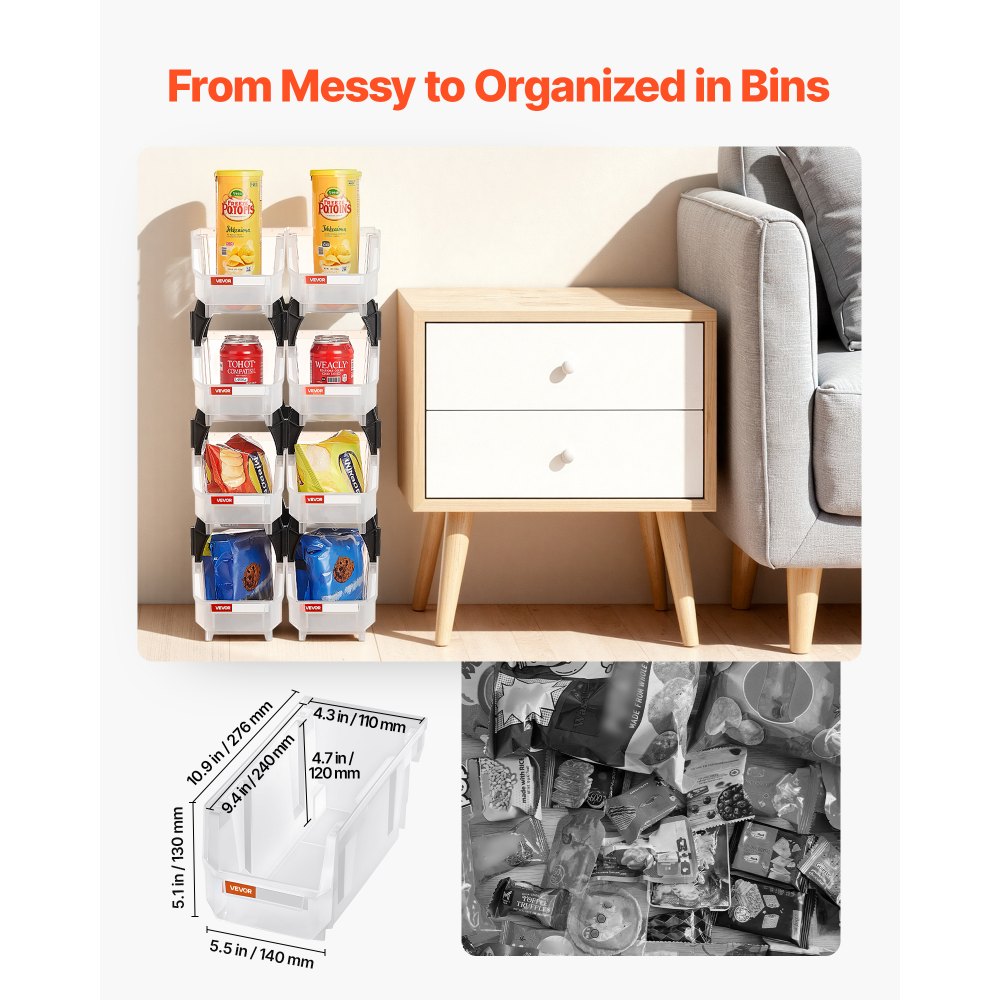 VEVOR Plastic Stackable Storage Bins, 27.6 x 14 x 13 cm (8 Pack), Plastic Containers for Organizing & Storage Bins for Closet, Garage, Small Parts, Office Supplies, Other Accessories, Transparent