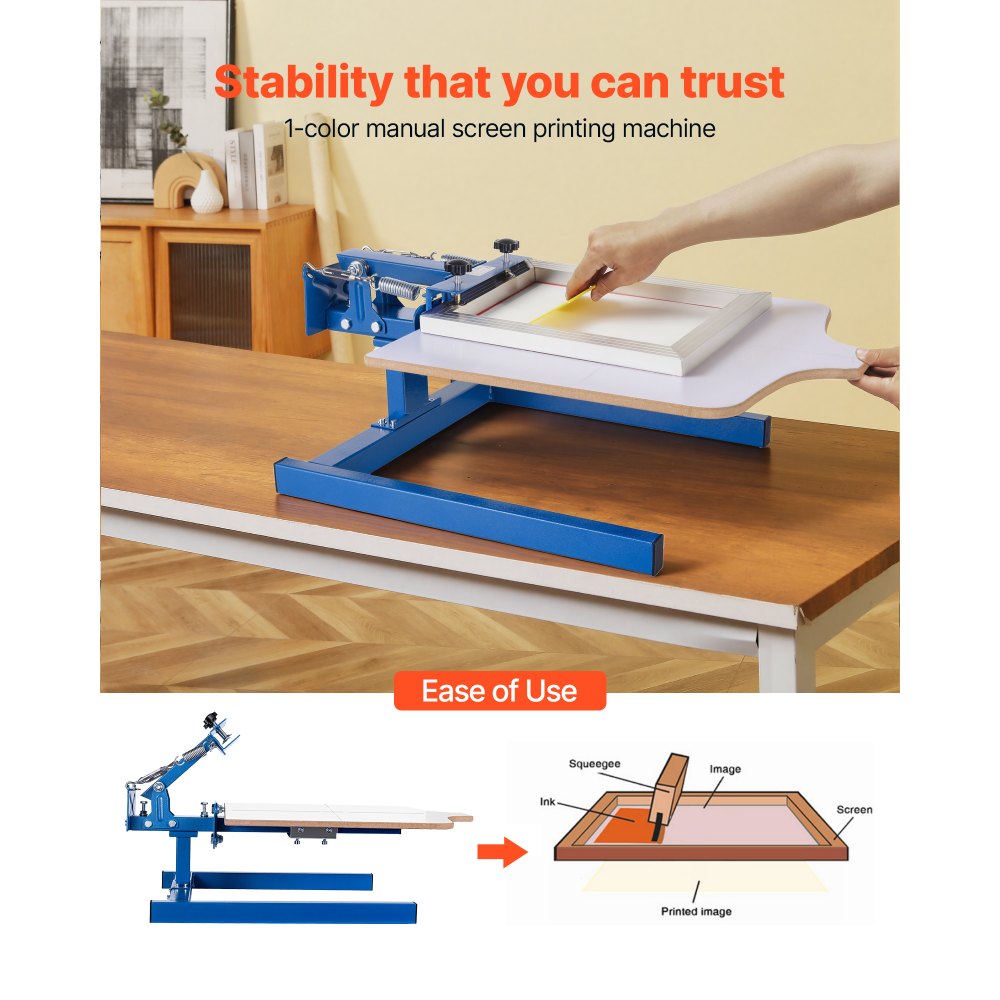 VEVOR Screen Printing Machine 1 Color 1 Station Silk Screen Printing Press, 21.3 x 17.7 in Platen, Adjustable Tension, Powder-Coated Carbon Steel, for T-shirt Clothing DIY, Home and Commercial Use