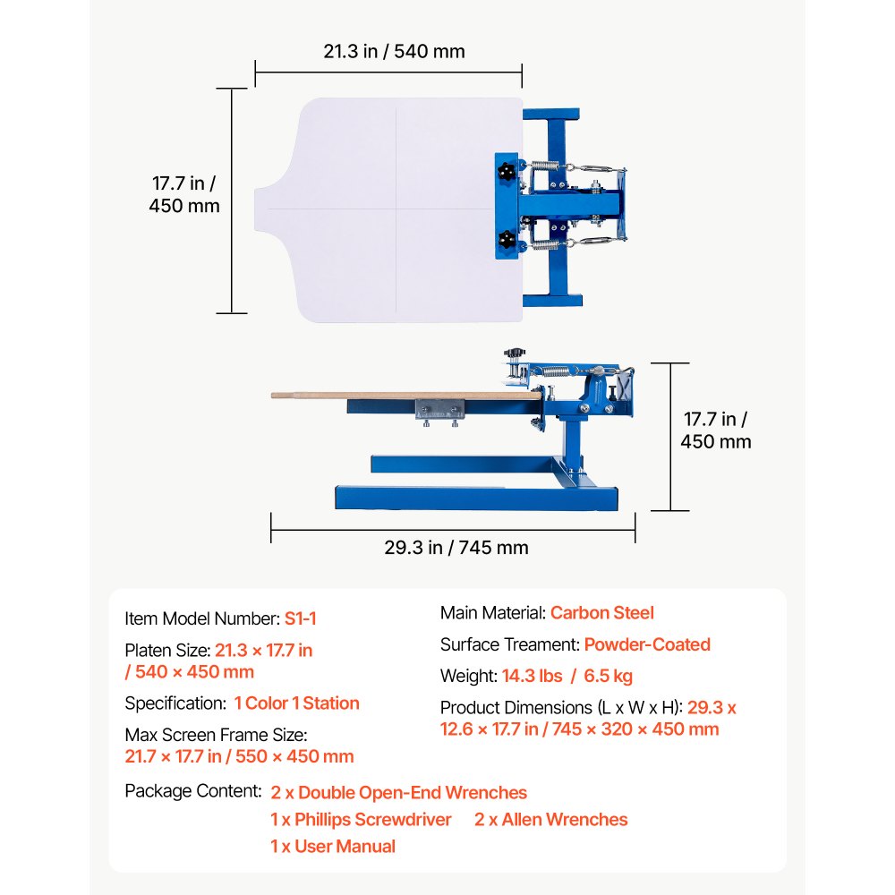 VEVOR Screen Printing Machine 1 Color 1 Station Silk Screen Printing Press, 21.3 x 17.7 in Platen, Adjustable Tension, Powder-Coated Carbon Steel, for T-shirt Clothing DIY, Home and Commercial Use