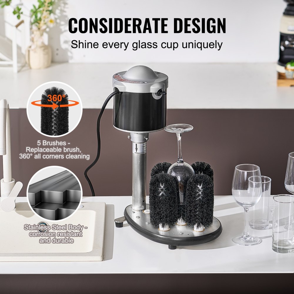 VEVOR Electric Commercial Glass Washer, 5-Brush Bar Glass Cleaner, 600 Cups/Hour Wine Glass Cleaning Machine, Bar Glass Washer for Champagne Glasses, Beer Cups, Mugs, Perfect for Bars and Cafes