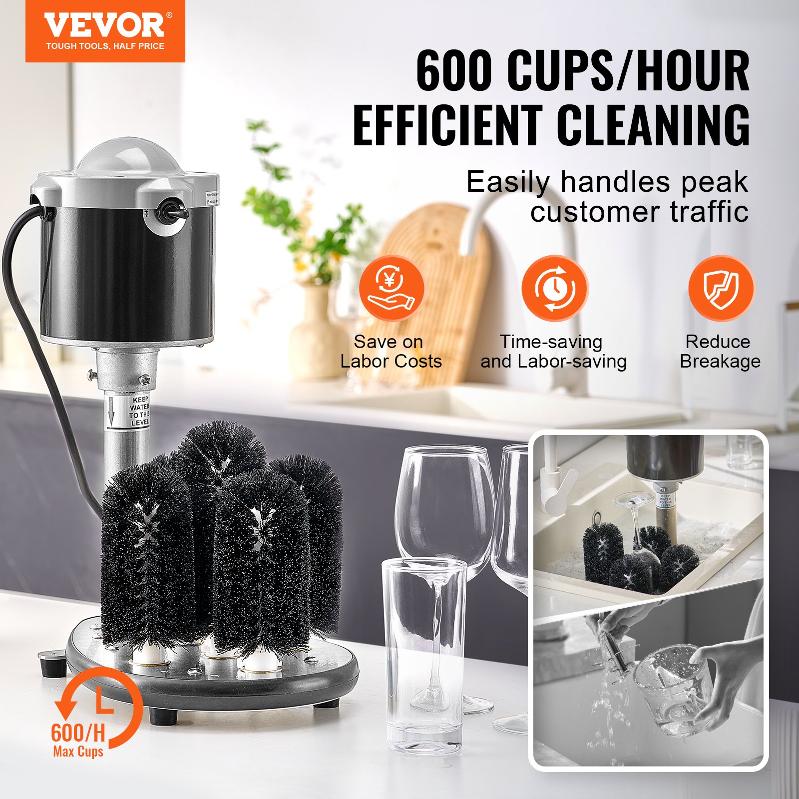VEVOR Electric Commercial Glass Washer, 5-Brush Bar Glass Cleaner, 600 Cups/Hour Wine Glass Cleaning Machine, Bar Glass Washer for Champagne Glasses, Beer Cups, Mugs, Perfect for Bars and Cafes