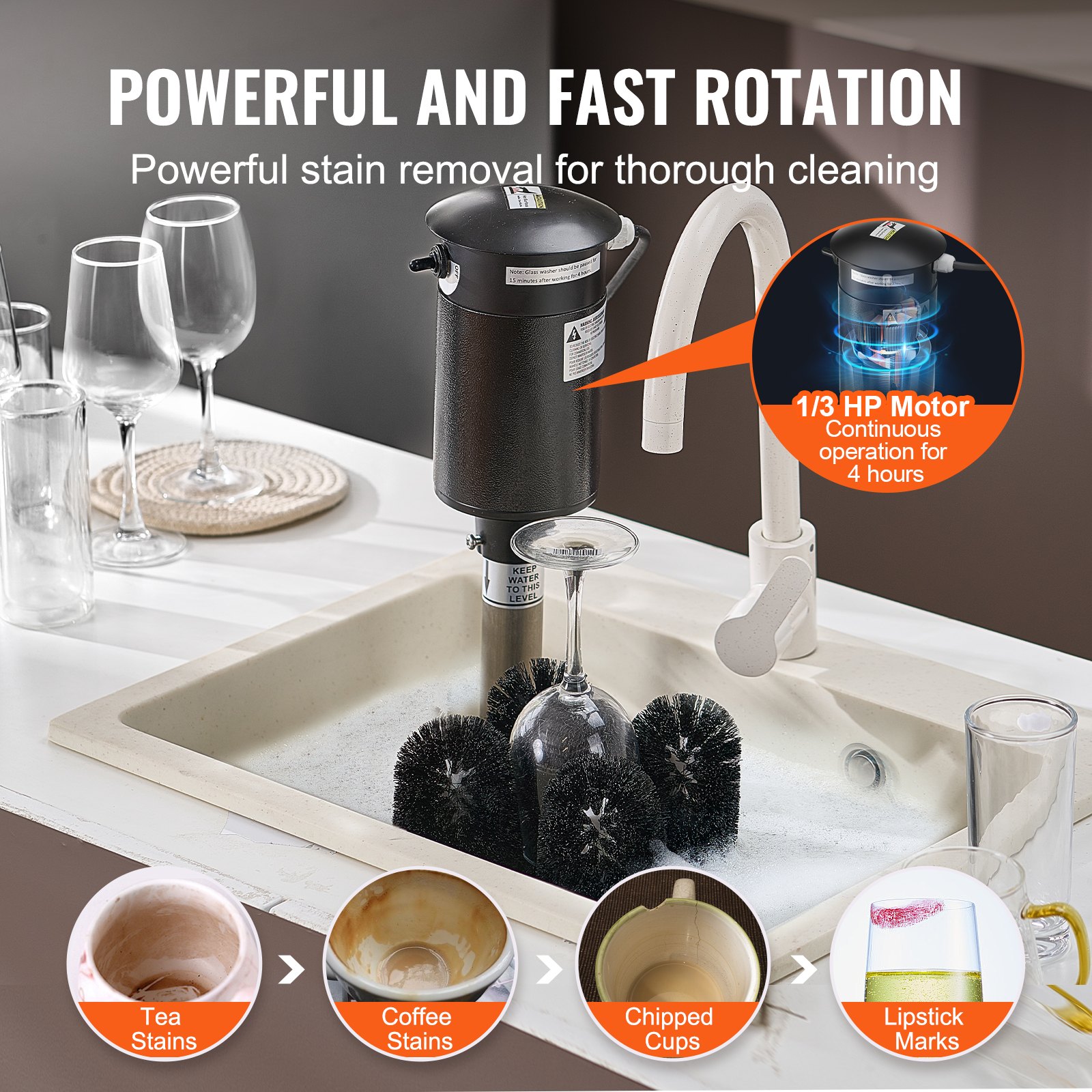 VEVOR Electric Commercial Glass Washer, 5-Brush Bar Glass Cleaner, 1200 Cups/Hour Wine Glass Cleaning Machine, Bar Glass Washer for Champagne Glasses, Beer Cups, Mugs, Perfect for Bars and Cafes