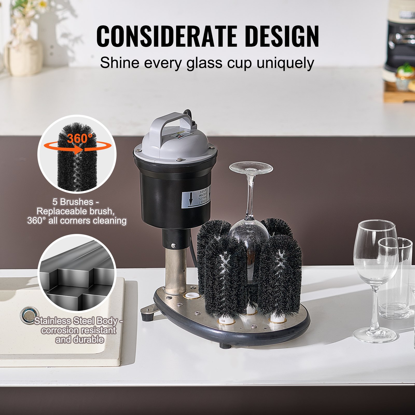 VEVOR Electric Commercial Glass Washer, 5-Brush Bar Glass Cleaner, 1200 Cups/Hour Wine Glass Cleaning Machine, Bar Glass Washer for Champagne Glasses, Beer Cups, Mugs, Perfect for Bars and Cafes