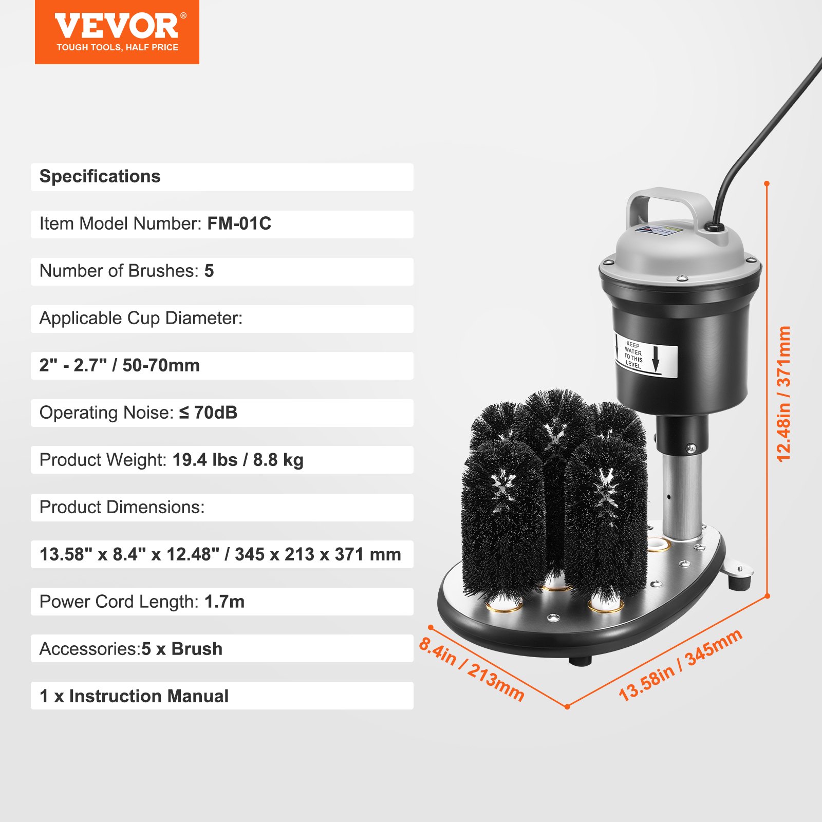 VEVOR Electric Commercial Glass Washer, 5-Brush Bar Glass Cleaner, 1200 Cups/Hour Wine Glass Cleaning Machine, Bar Glass Washer for Champagne Glasses, Beer Cups, Mugs, Perfect for Bars and Cafes