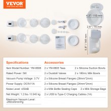 VEVOR Tire-lait électrique portable mains libres, 4 modes et 12 niveaux, forte aspiration de 300 mmHg, tire-lait portable rechargeable ultra silencieux avec affichage LED, insert de 24 mm/bride de 28 mm