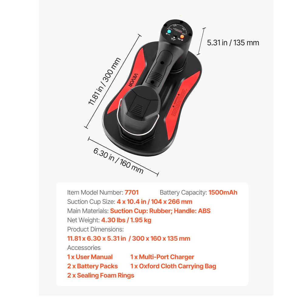 VEVOR Electric Vacuum Suction Cup, 170 kg Max Lifting Capacity, Vacuum Glass Lifter with Digital Display, Heavy Duty Tile Suction Cup Tool for Lifting Tile, Granite, Wood, Paver, Drywall, Windows
