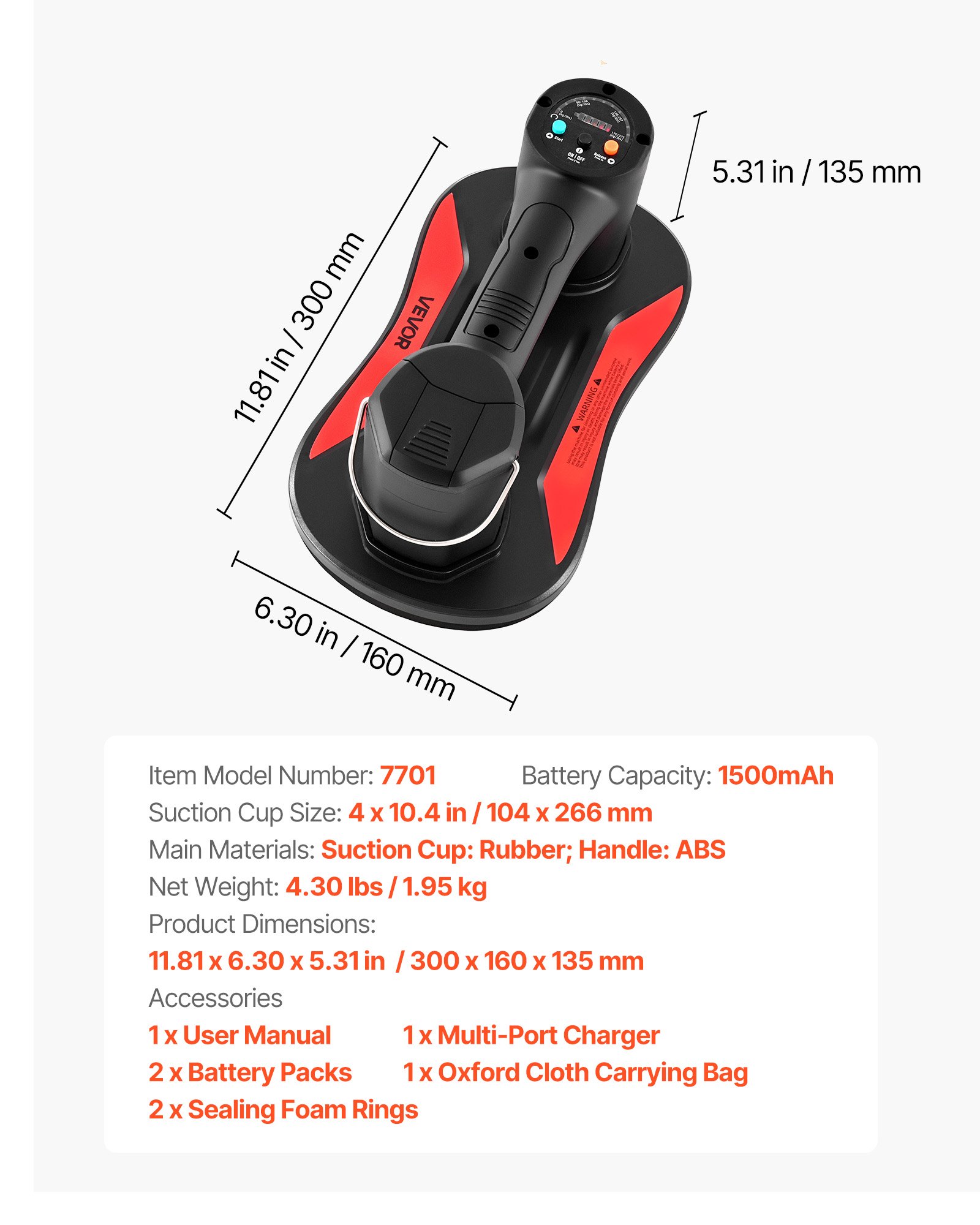 VEVOR Electric Vacuum Suction Cup, 170 kg Max Lifting Capacity, Vacuum Glass Lifter with Digital Display, Heavy Duty Tile Suction Cup Tool for Lifting Tile, Granite, Wood, Paver, Drywall, Windows