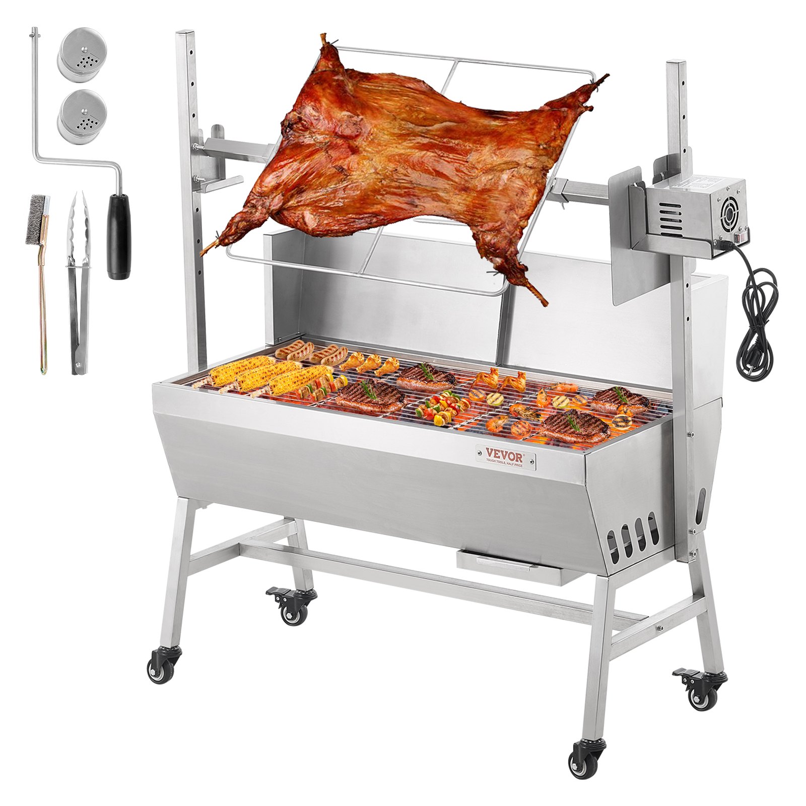 VEVOR Rotisserie Grill with Windscreen, BBQ Whole Pig Lamb Goat Charcoal Spit Grill, 35 Inch 90 Lbs Capacity, Electric 42W Motor Stainless Steel Roaster with Lockable Wheels, for Camping Outdoor