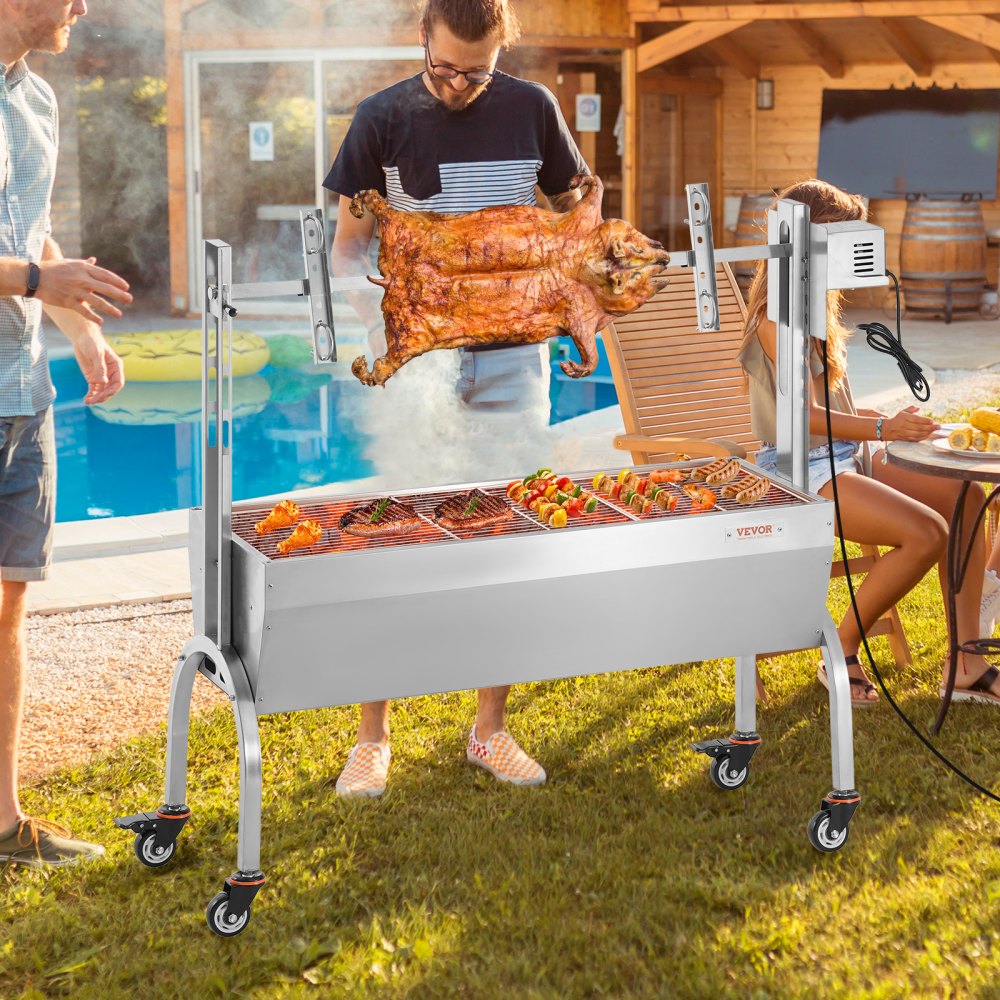 VEVOR Rotisserie Grill, BBQ Whole Pig Lamb Goat Charcoal Spit Grill, 46 Inch 132 Lbs Capacity, Electric 52W Motor Stainless Steel Rotisserie Roaster with Lockable Wheels, for Camping Outdoor