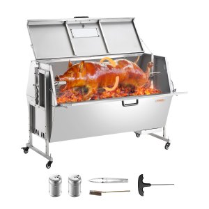 VEVOR 60W Rotisserie Grill with Hooded Cover, 56 Inch Pig Lamb Goat Rotisserie Grill Roaster, 286Lbs Capacity, Stainless Steel Charcoal Spit Roaster with Lockable Wheels, for Camping Outdoor Barbecue | VEVOR US