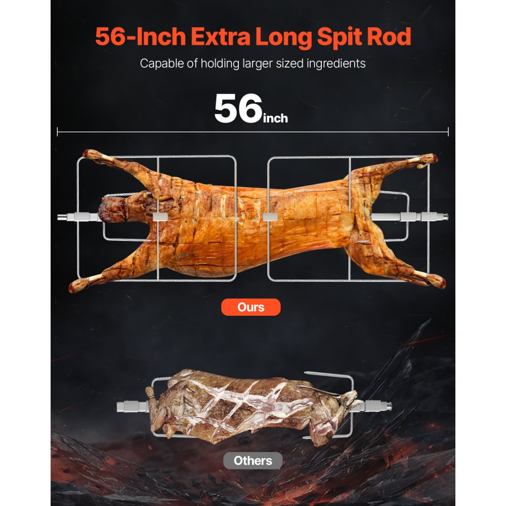 VEVOR 60W Rotisserie Grill with Hooded Cover, 56 Inch Pig Lamb Goat Rotisserie Grill Roaster, 286Lbs Capacity, Stainless Steel Charcoal Spit Roaster with Lockable Wheels, for Camping Outdoor Barbecue