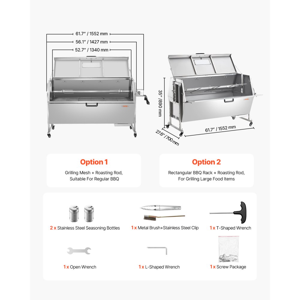 VEVOR 60W Rotisserie Grill with Hooded Cover, 56 Inch Pig Lamb Goat Rotisserie Grill Roaster, 286Lbs Capacity, Stainless Steel Charcoal Spit Roaster with Lockable Wheels, for Camping Outdoor Barbecue