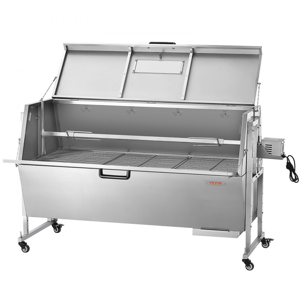 VEVOR 60W Rotisserie Grill with Hooded Cover, 56 Inch Pig Lamb Goat Rotisserie Grill Roaster, 286Lbs Capacity, Stainless Steel Charcoal Spit Roaster with Lockable Wheels, for Camping Outdoor Barbecue