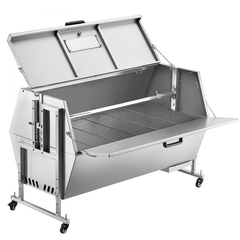 VEVOR 60W Rotisserie Grill with Hooded Cover, 56 Inch Pig Lamb Goat Rotisserie Grill Roaster, 286Lbs Capacity, Stainless Steel Charcoal Spit Roaster with Lockable Wheels, for Camping Outdoor Barbecue