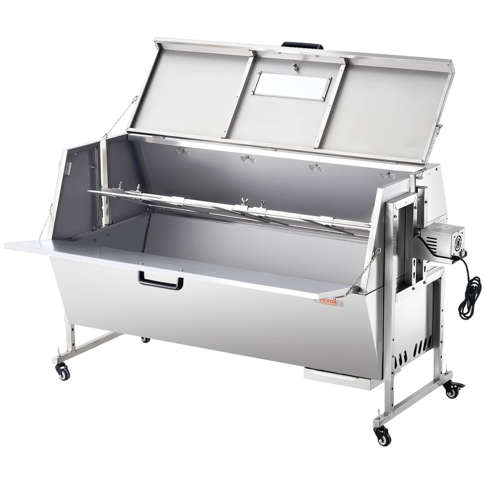 VEVOR 60W Rotisserie Grill with Hooded Cover, 56 Inch Pig Lamb Goat Rotisserie Grill Roaster, 286Lbs Capacity, Stainless Steel Charcoal Spit Roaster with Lockable Wheels, for Camping Outdoor Barbecue
