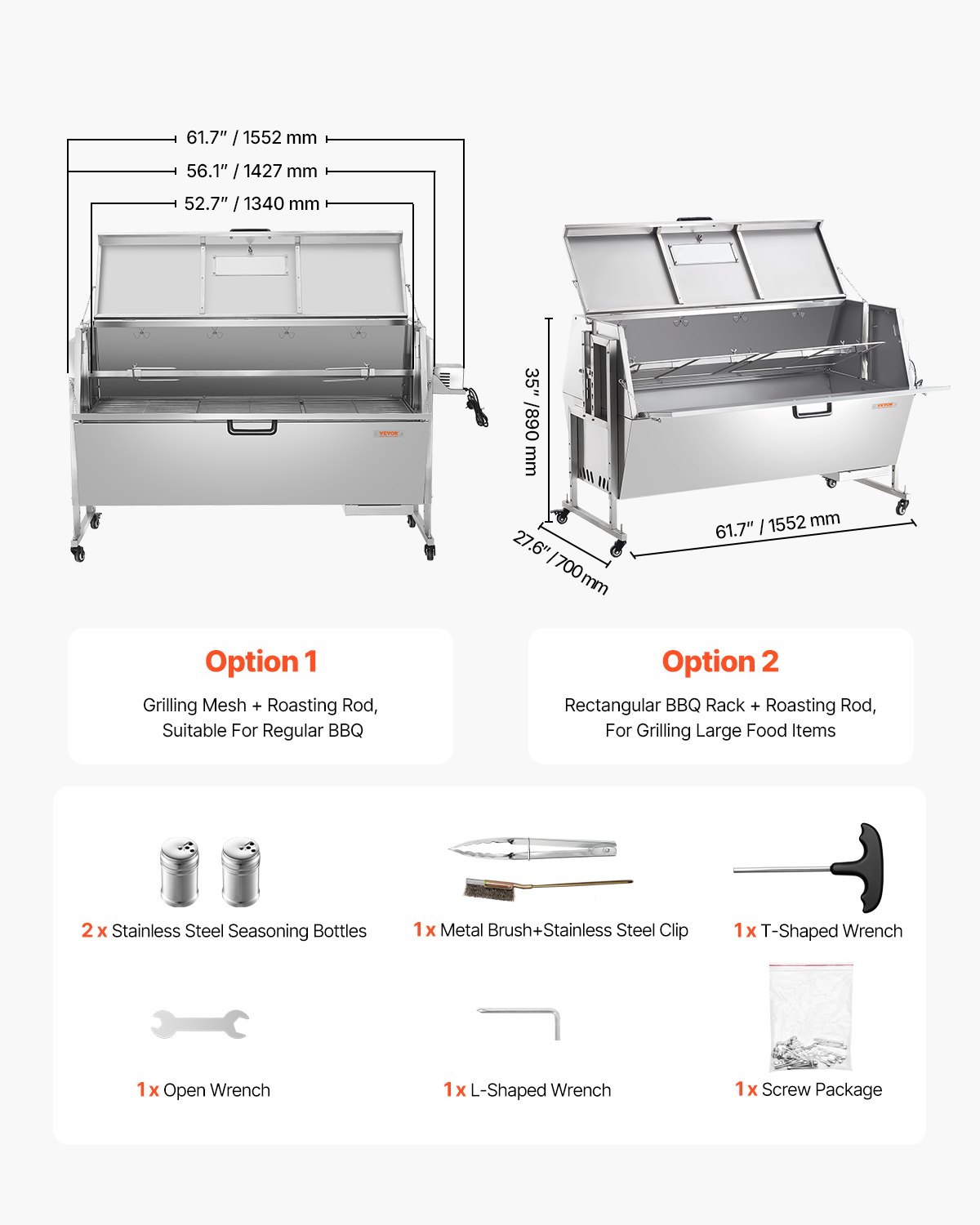 VEVOR 60W Rotisserie Grill with Hooded Cover, 56 Inch Pig Lamb Goat Rotisserie Grill Roaster, 286Lbs Capacity, Stainless Steel Charcoal Spit Roaster with Lockable Wheels, for Camping Outdoor Barbecue