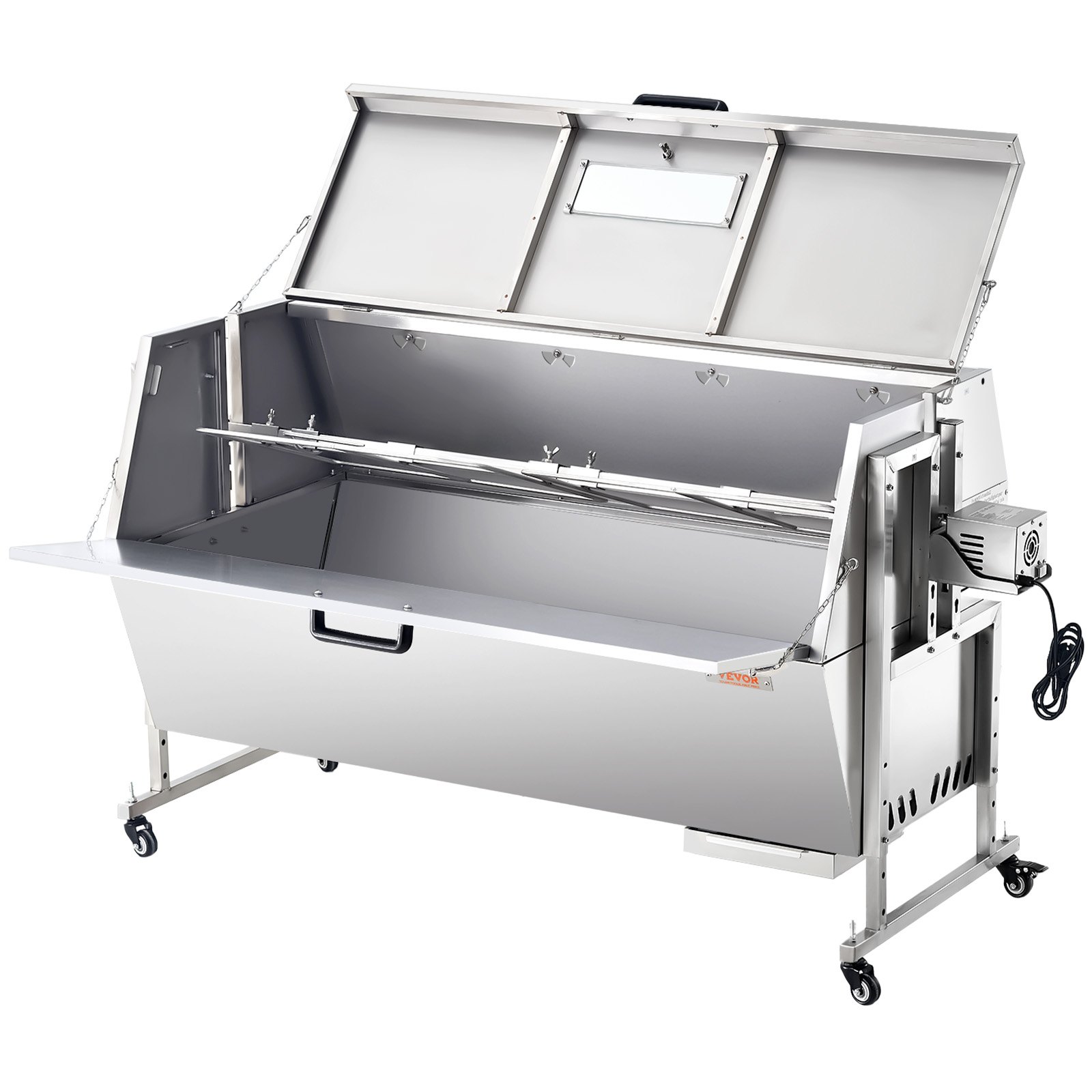 VEVOR 60W Rotisserie Grill with Hooded Cover, 56 Inch Pig Lamb Goat Rotisserie Grill Roaster, 286Lbs Capacity, Stainless Steel Charcoal Spit Roaster with Lockable Wheels, for Camping Outdoor Barbecue