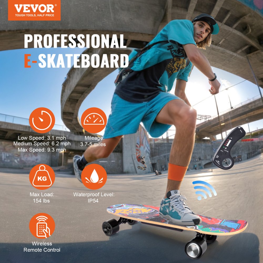 VEVOR Electric Skateboard with Remote, 9.3 Mph Top Speed & 5 Miles Max Range Skateboard Longboard, 3 Speeds Adjustment Skateboards, Easy Carry Handle Design, Suitable for Adul Tested to UL Standards