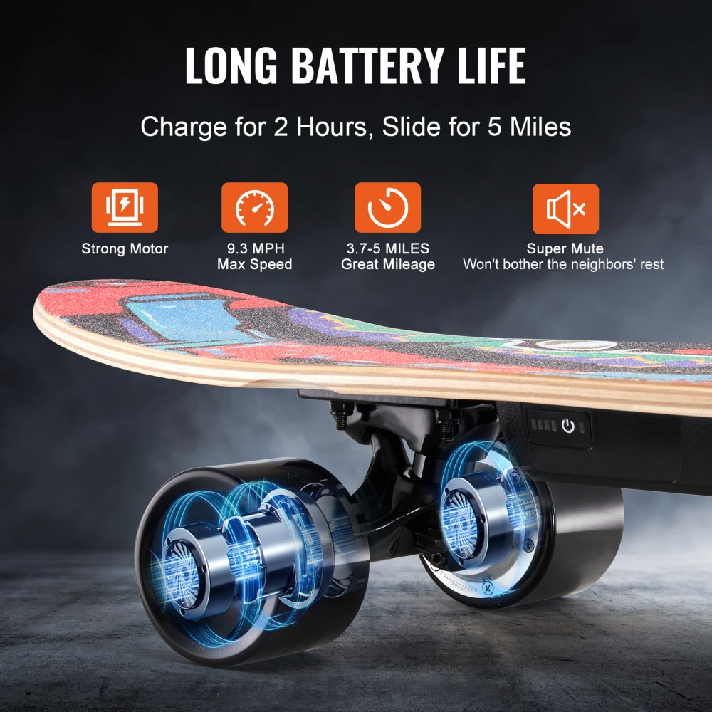 VEVOR Electric Skateboard with Remote, 9.3 Mph Top Speed & 5 Miles Max Range Skateboard Longboard, 3 Speeds Adjustment Skateboards, Easy Carry Handle Design, Suitable for Adul Tested to UL Standards