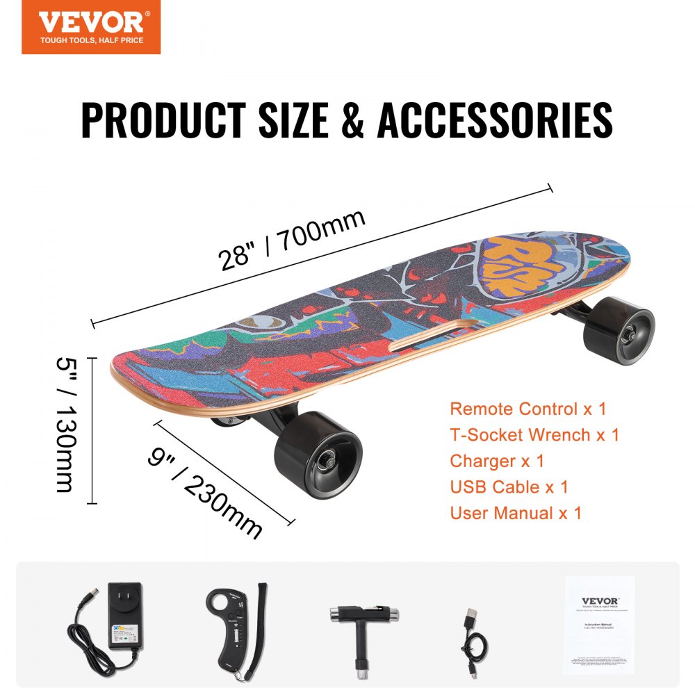 VEVOR Electric Skateboard with Remote, 9.3 Mph Top Speed & 5 Miles Max Range Skateboard Longboard, 3 Speeds Adjustment Skateboards, Easy Carry Handle Design, Suitable for Adul Tested to UL Standards