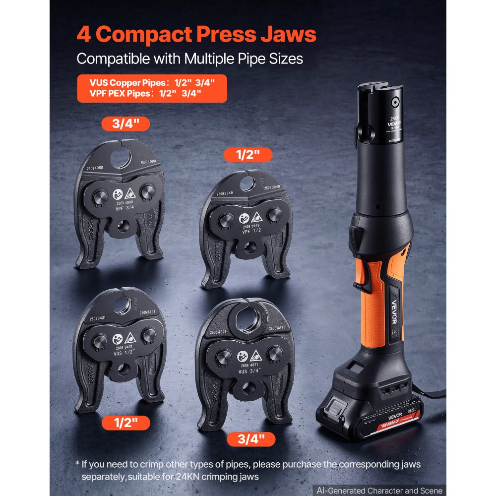 VEVOR 18V Press Tool with 4 Jaws for 1/2" 3/4" VUS Copper & VPF PEX Pipes, 24KN Compact Pipe Crimping Tool Kit, Compatible with ProPress & PureFlow  - with 2pcs 2AH Battery, Fast Charger & Toolbox