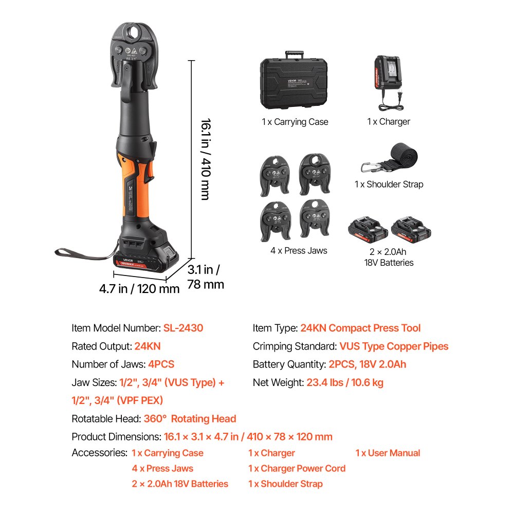 VEVOR 18V Press Tool with 4 Jaws for 1/2" 3/4" VUS Copper & VPF PEX Pipes, 24KN Compact Pipe Crimping Tool Kit, Compatible with ProPress & PureFlow  - with 2pcs 2AH Battery, Fast Charger & Toolbox