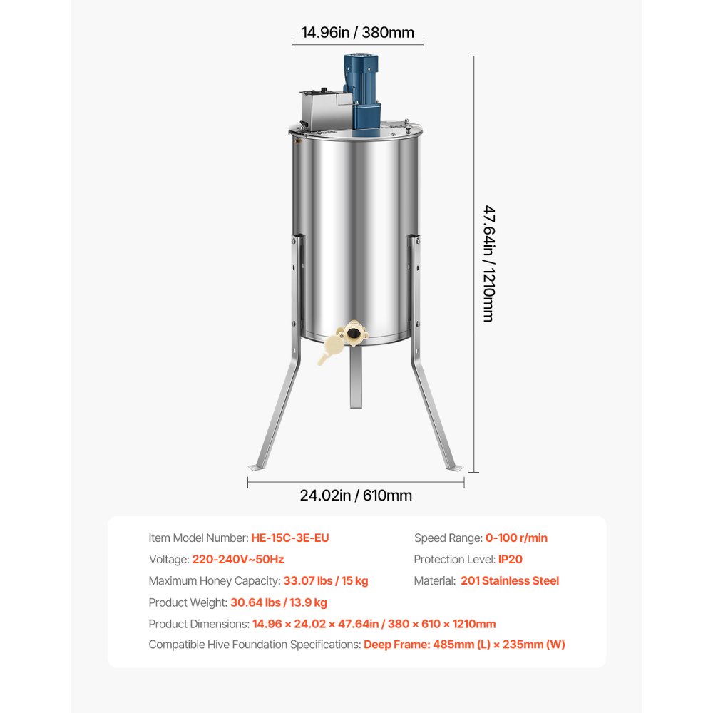 VEVOR Electric Honey Extractor, 3 Frame Honey Spinner with Transparent Lid, 140W Stainless Steel Honeycomb Drum Spinner, Height Adjustable, Honeycomb Extraction Equipment for Beekeeping