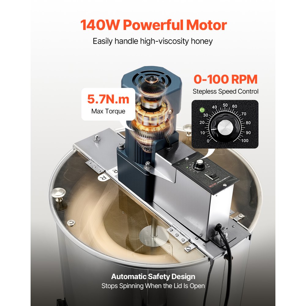 VEVOR Electric Honey Extractor, 3 Frame Honey Spinner with Transparent Lid, 140W Stainless Steel Honeycomb Drum Spinner, Height Adjustable, Honeycomb Extraction Equipment for Beekeeping