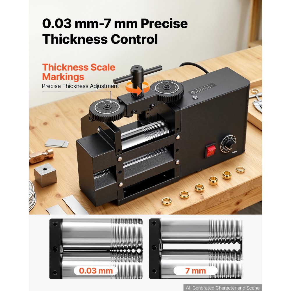 VEVOR Rolling Mill 4-in-1 Flat Square Round Half-Round Electric Roller Mill, Jewelry DIY Tool, 0.03-7 mm Adjustable Thickness, Stable & Even Rolling, for Pressing Ductile Metals, Gold, Silver, Copper