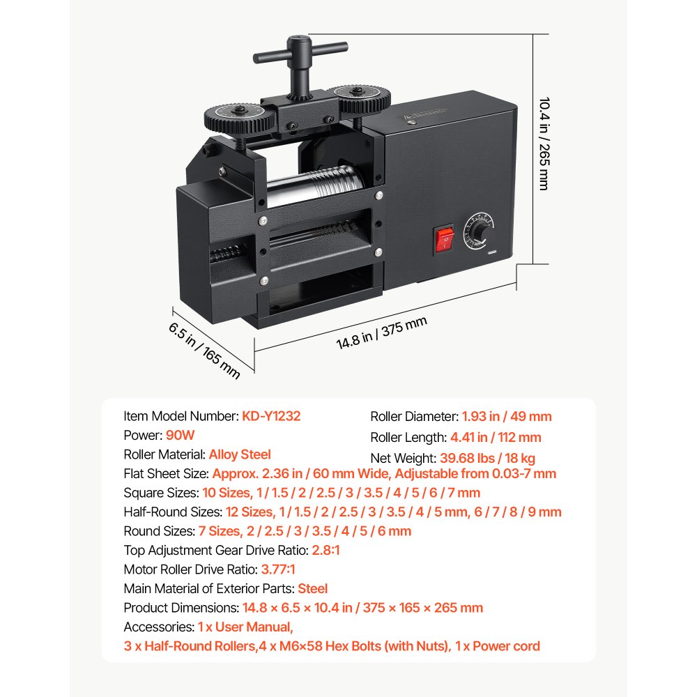 VEVOR Rolling Mill 4-in-1 Flat Square Round Half-Round Electric Roller Mill, Jewelry DIY Tool, 0.03-7 mm Adjustable Thickness, Stable & Even Rolling, for Pressing Ductile Metals, Gold, Silver, Copper