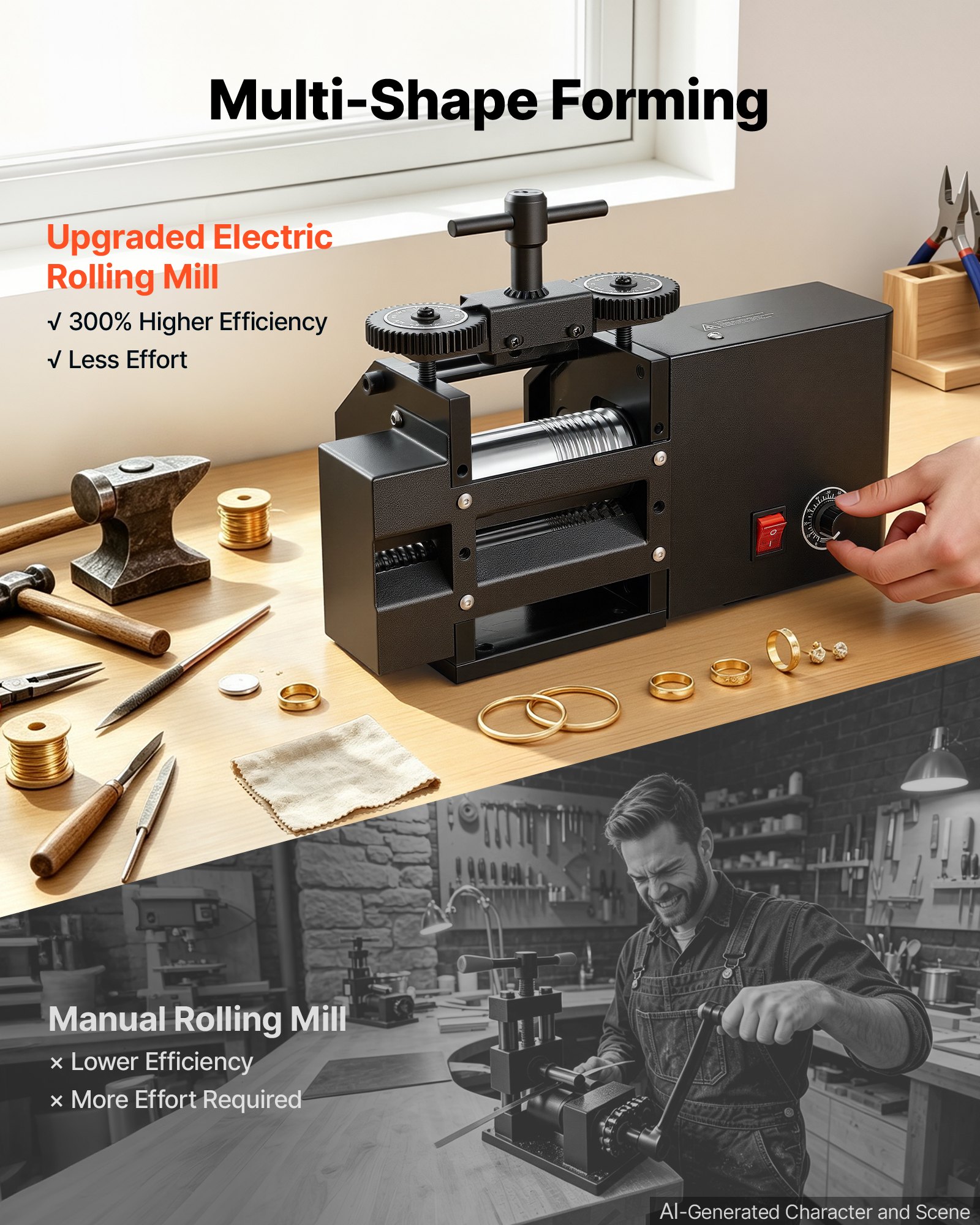 VEVOR Rolling Mill 4-in-1 Flat Square Round Half-Round Electric Roller Mill, Jewelry DIY Tool, 0.03-7 mm Adjustable Thickness, Stable & Even Rolling, for Pressing Ductile Metals, Gold, Silver, Copper
