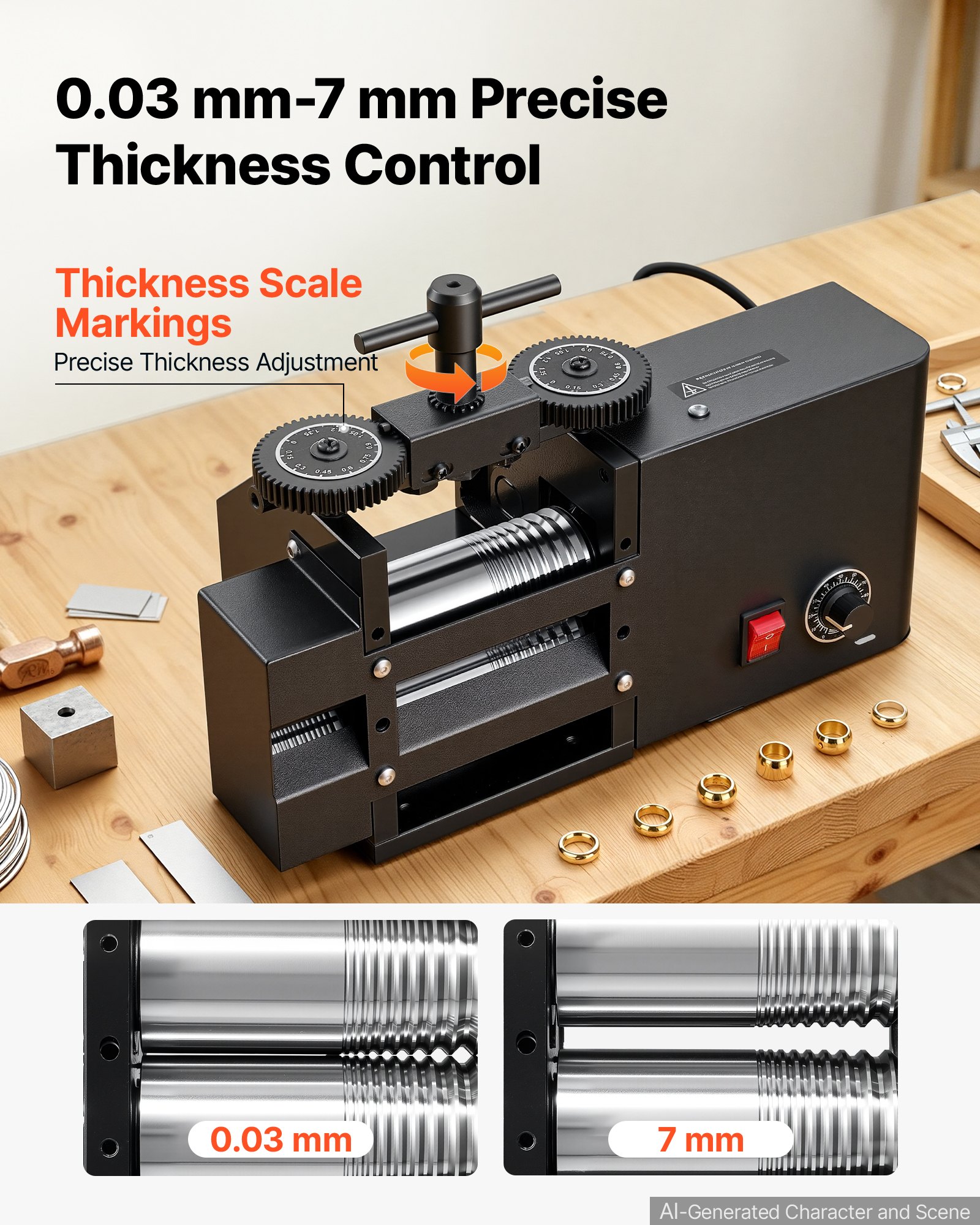 VEVOR Rolling Mill 4-in-1 Flat Square Round Half-Round Electric Roller Mill, Jewelry DIY Tool, 0.03-7 mm Adjustable Thickness, Stable & Even Rolling, for Pressing Ductile Metals, Gold, Silver, Copper