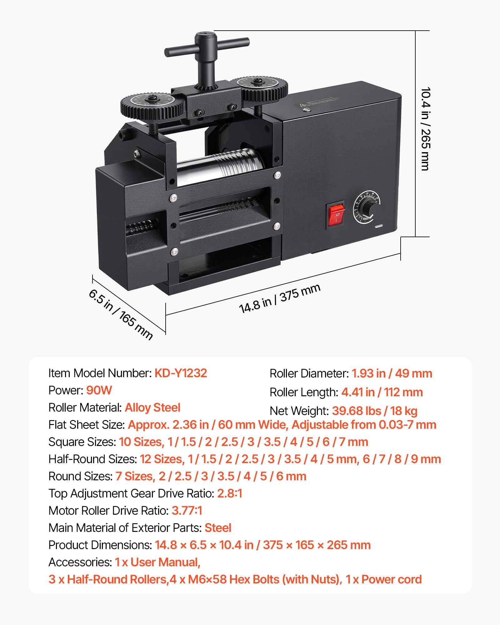 VEVOR Rolling Mill 4-in-1 Flat Square Round Half-Round Electric Roller Mill, Jewelry DIY Tool, 0.03-7 mm Adjustable Thickness, Stable & Even Rolling, for Pressing Ductile Metals, Gold, Silver, Copper