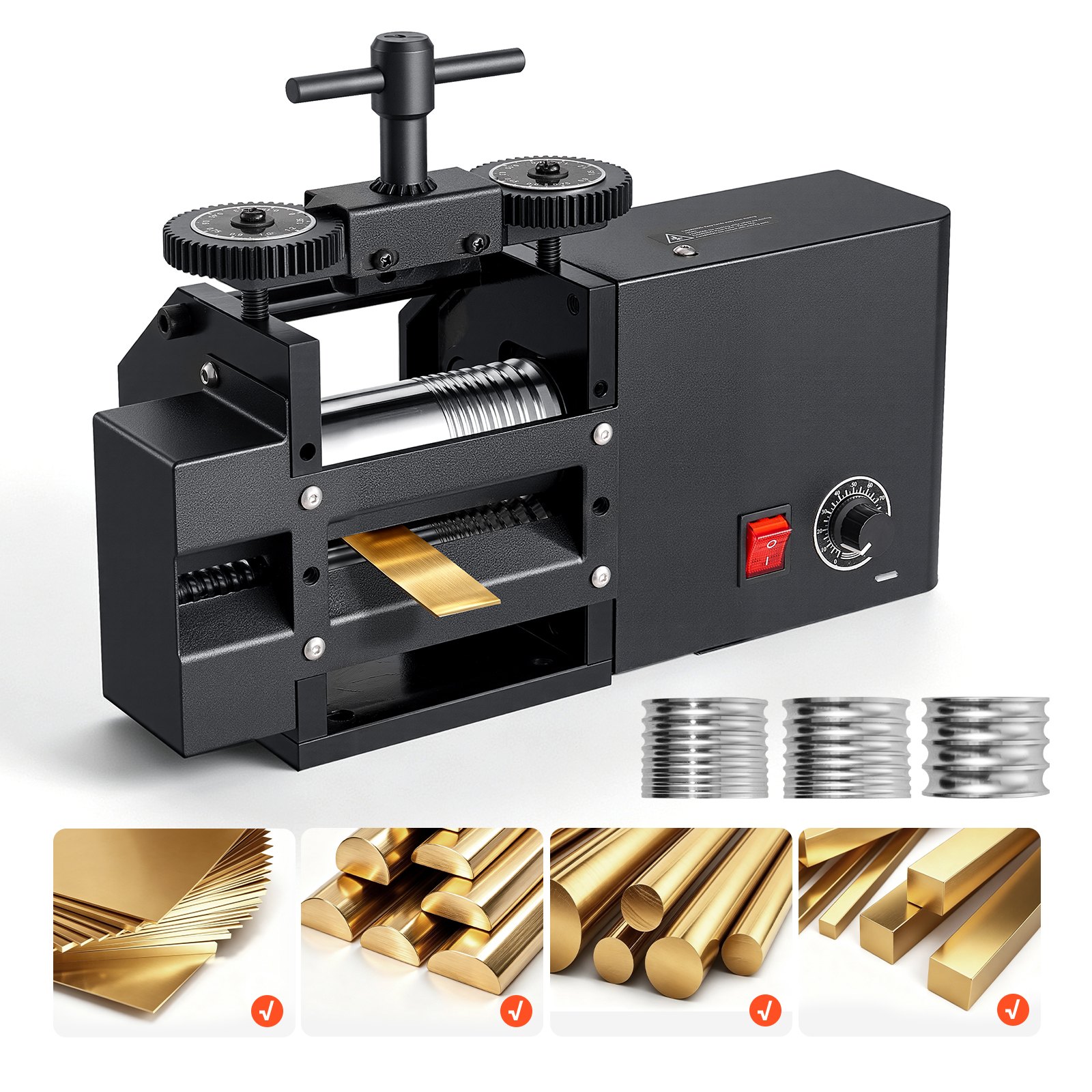 VEVOR Rolling Mill 4-in-1 Flat Square Round Half-Round Electric Roller Mill, Jewelry DIY Tool, 0.03-7 mm Adjustable Thickness, Stable & Even Rolling, for Pressing Ductile Metals, Gold, Silver, Copper